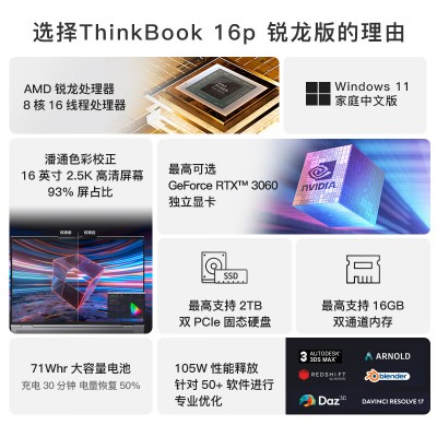 ThinkBook 16p 36CD R7-5800H 16G 512G RTX3060 6G独显 2.5K屏